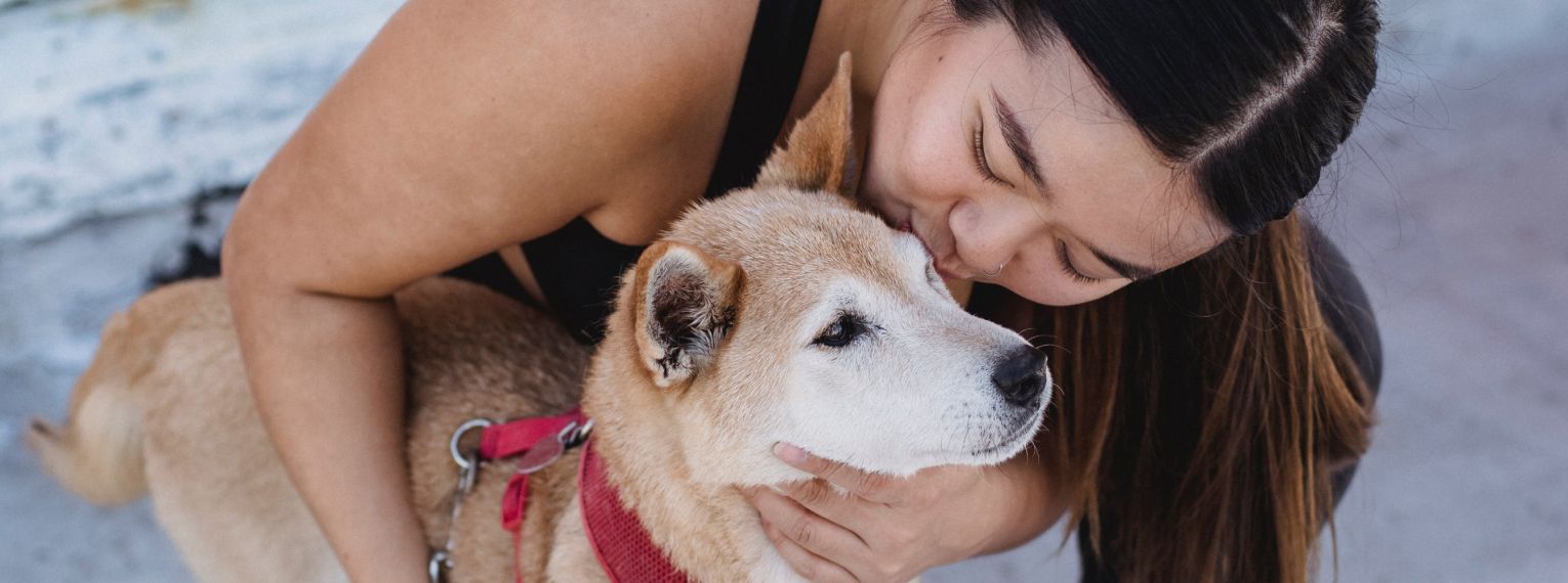 Eine Frau kuschelt mit ihrem Assistenzhund.