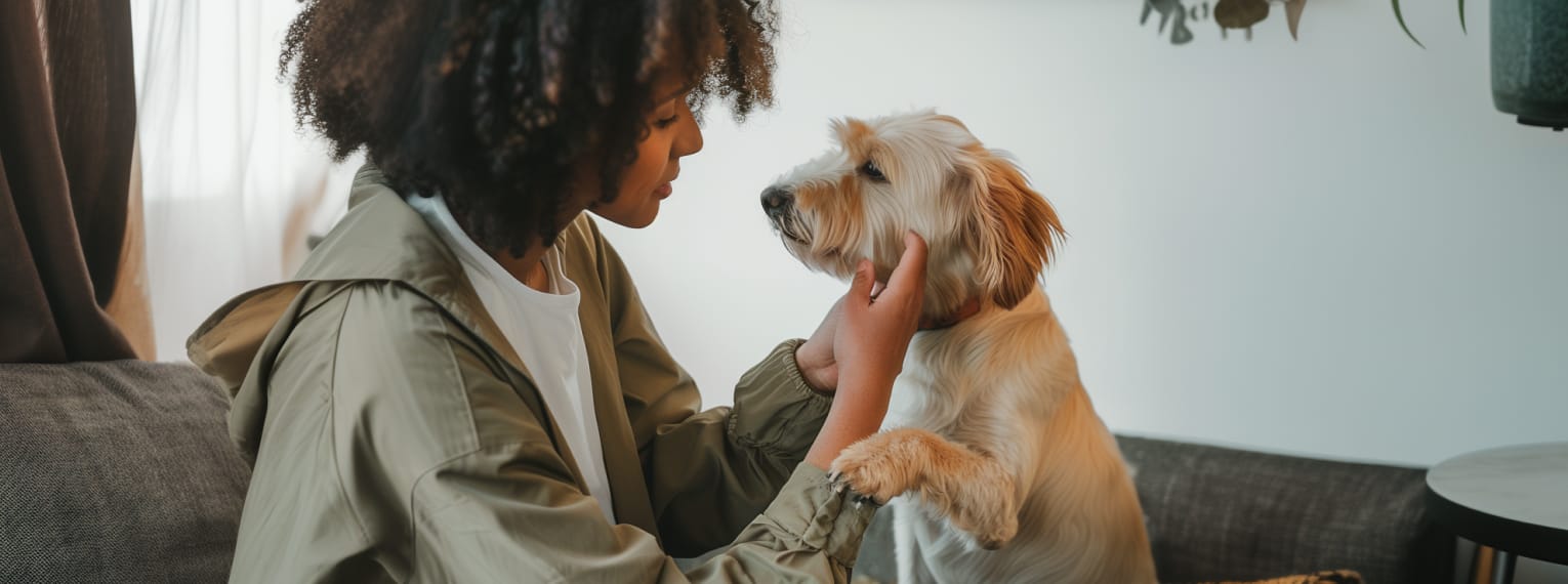 Eine Hundebesitzerin untersucht ihren Hund auf Grannen.