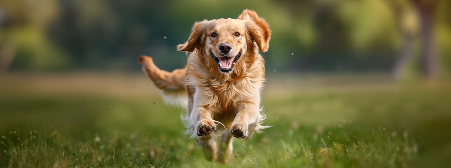 Ein Hund tobt auf einer Wiese.