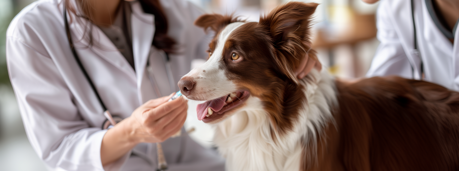 Eine Tierärztin impft einen Hund in Ihrer Praxis.