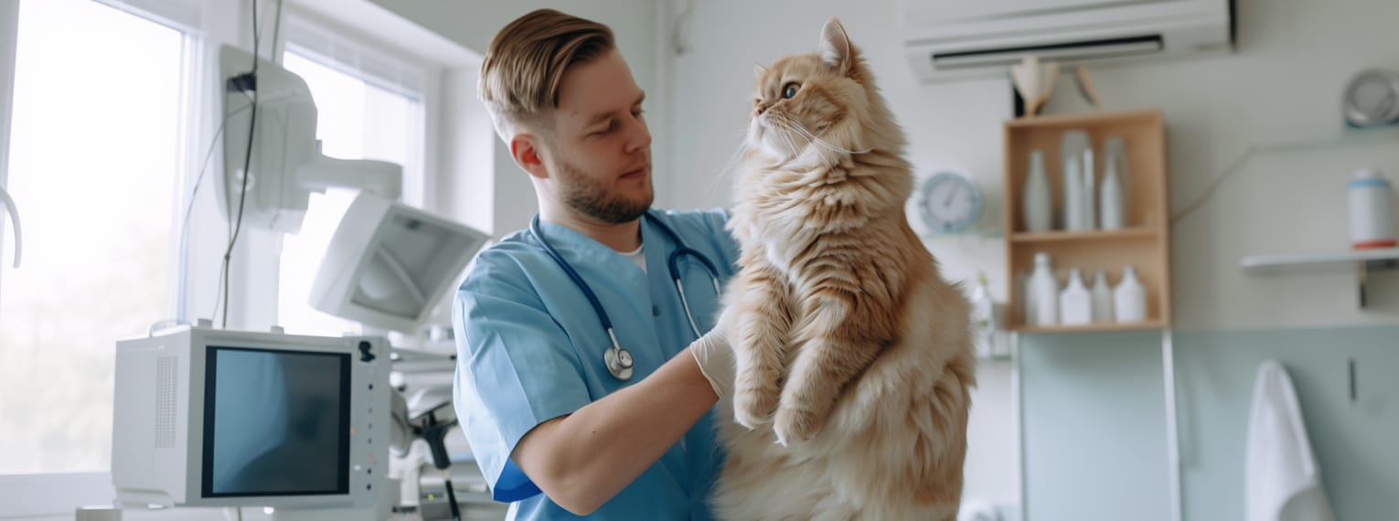 Eine Katze wird von einem Tierarzt untersucht.