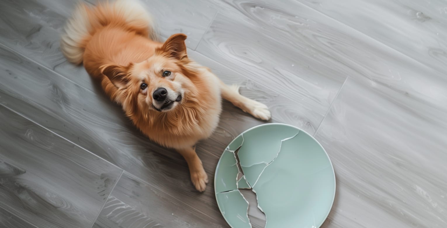 Ein Hund sitzt vor einem zerbrochenen Teller.