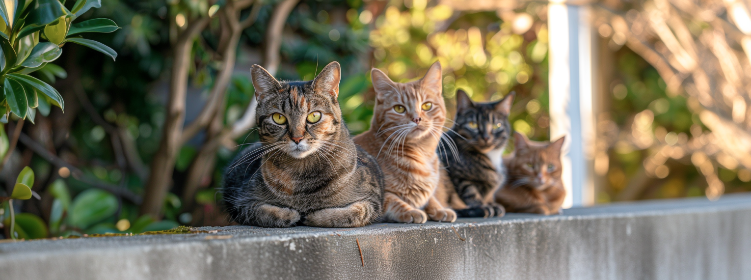 Eine Gruppe Katzen sitzt auf einer Mauer.