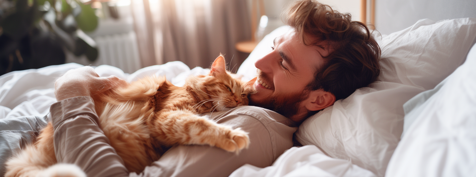 Eine Katze kuschelt im Bett mit ihrem Herrchen.