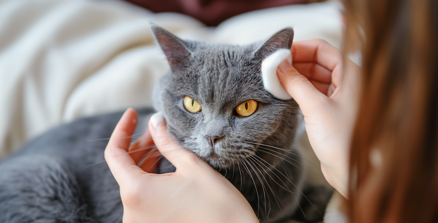 Eine Tierhalterin reinigt die Ohren ihrer Katze.