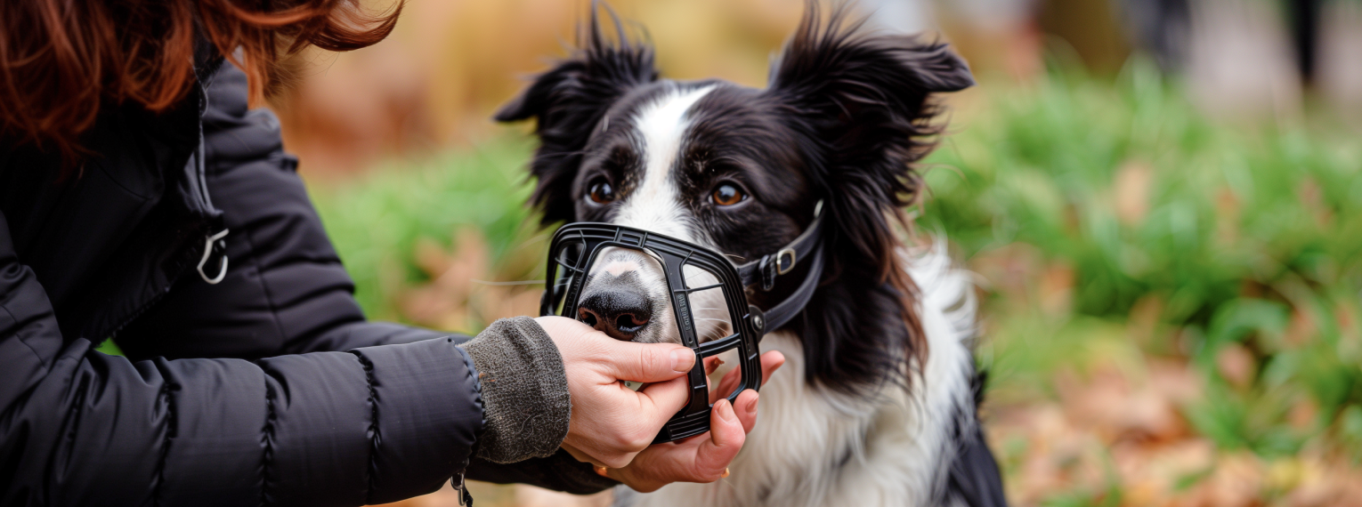 Beistzerin nimmt Hund den Maulkorb ab.