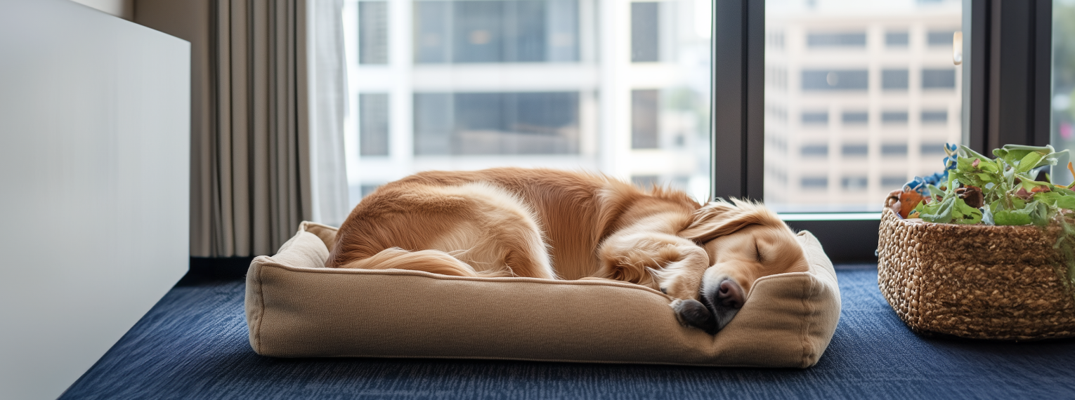 Ein Golden Retriever schläft in seinem Hundebett.