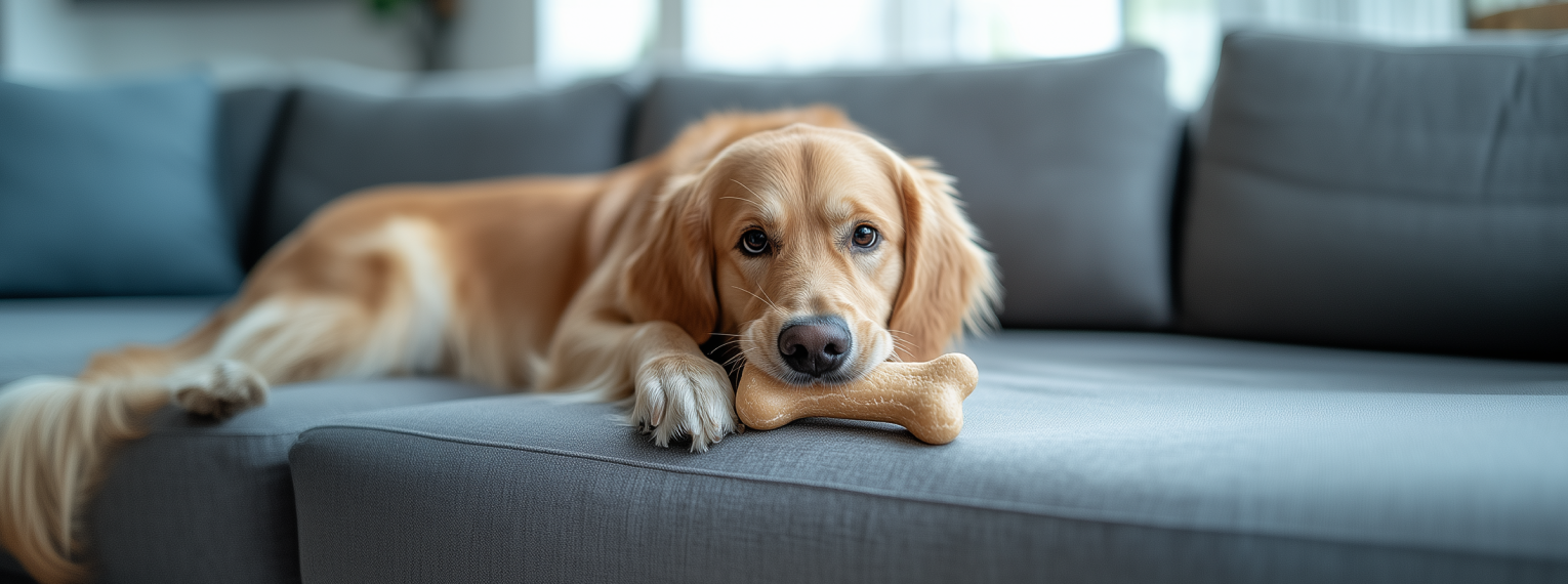 Ein Labrador hat einen Knochen im Mund.